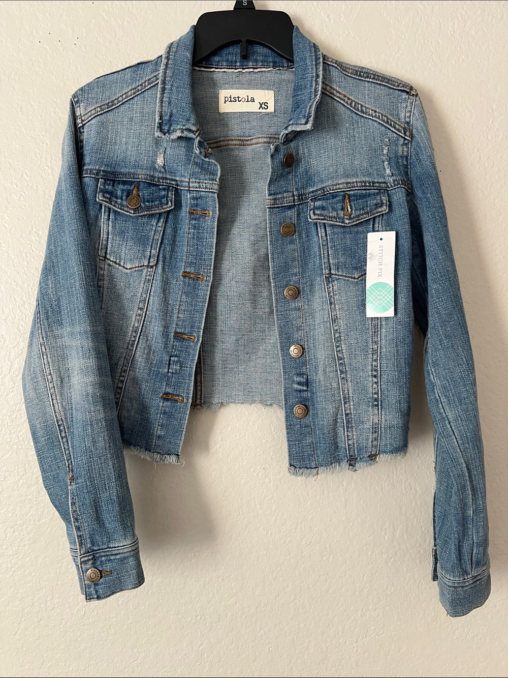 NWT PISTOLA Cropped Button Front Frayed Hem Denim Jacket Cotton Blend XS